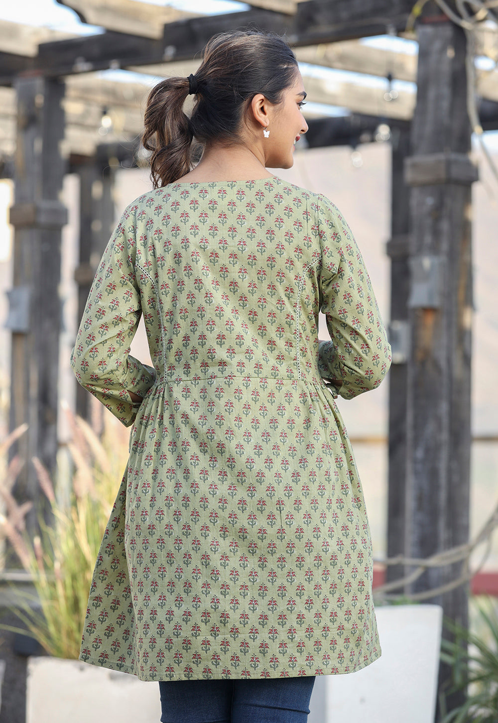 Kaajh Green Printed Cotton Shirt Style Tunic - Distacart