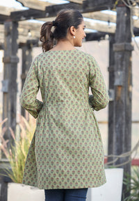 Thumbnail for Kaajh Green Printed Cotton Shirt Style Tunic - Distacart