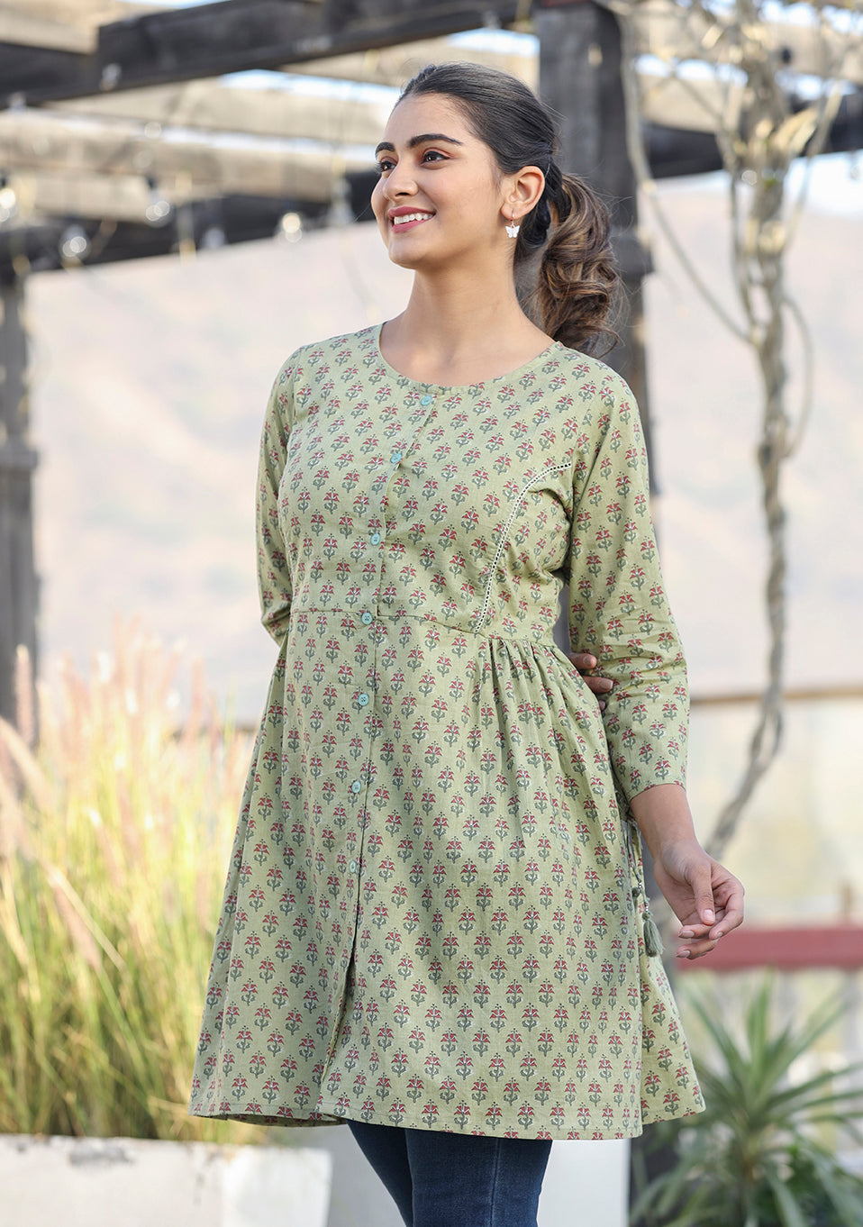 Kaajh Green Printed Cotton Shirt Style Tunic - Distacart
