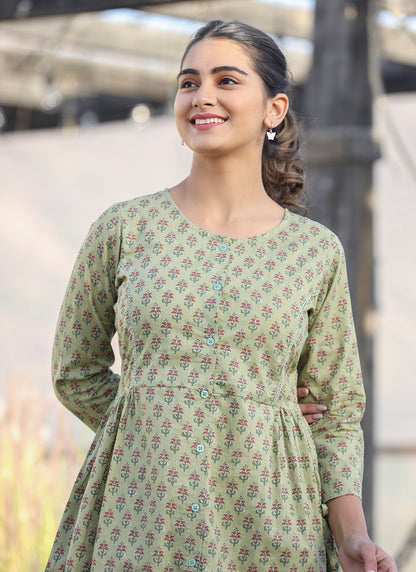 Kaajh Green Printed Cotton Shirt Style Tunic - Distacart