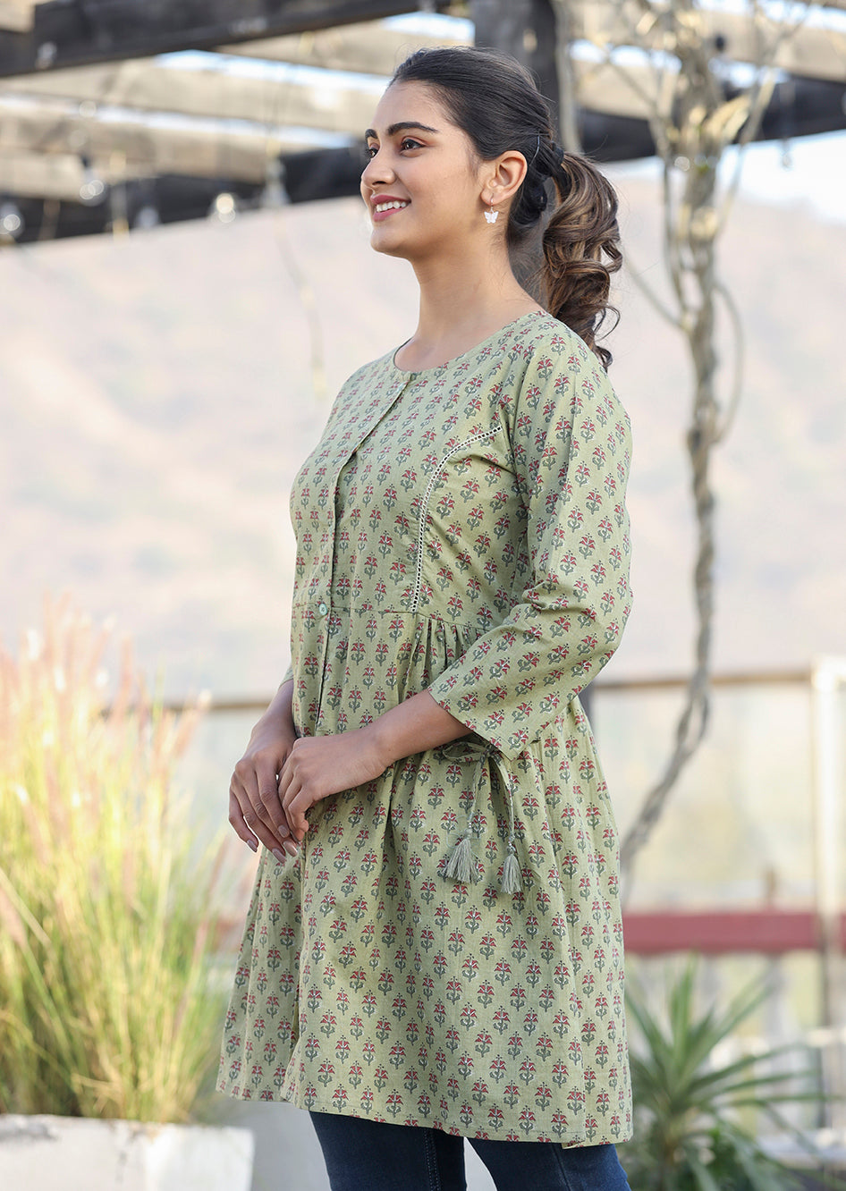 Kaajh Green Printed Cotton Shirt Style Tunic - Distacart