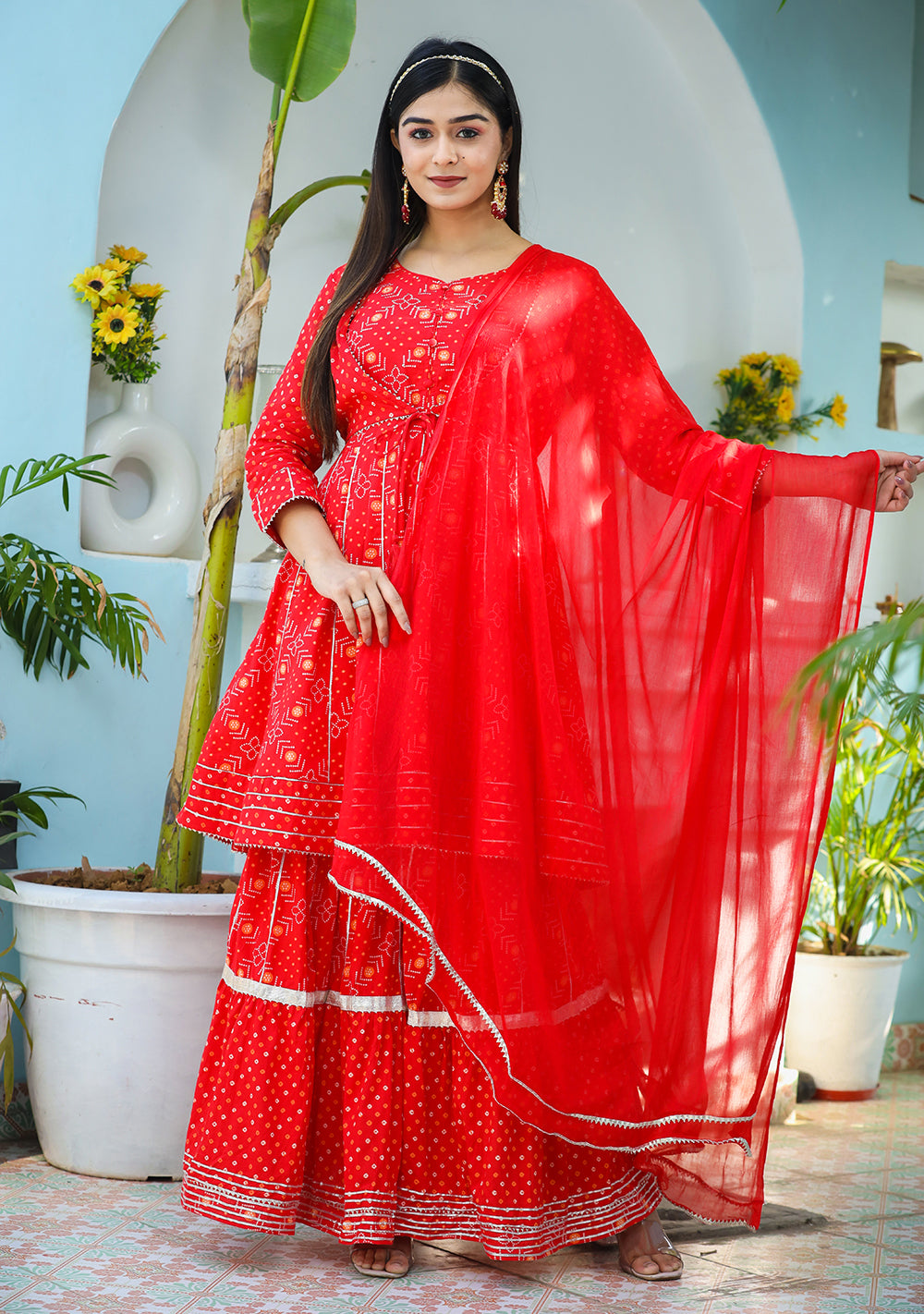Kaajh Woman's Red Bandhej Cotton Paplum Kurta Sharara With Dupatta - Distacart