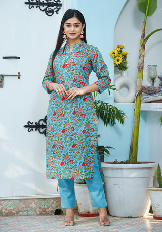 Kaajh Woman's Green Floral Print Cotton Kurta Pant Set - Distacart