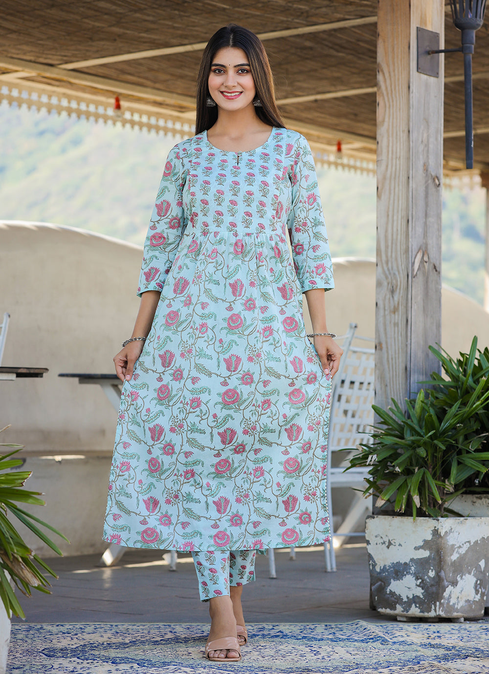Kaajh Women's Sky Blue Floral Print Side Slit Cotton Kurta Pant Set - Distacart