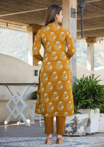 Kaajh Women's Mustard Floral Print Cotton Kurta Pant Set - Distacart
