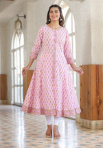 Thumbnail for Kaajh Pink Cotton Printed A-line Kurta - Distacart