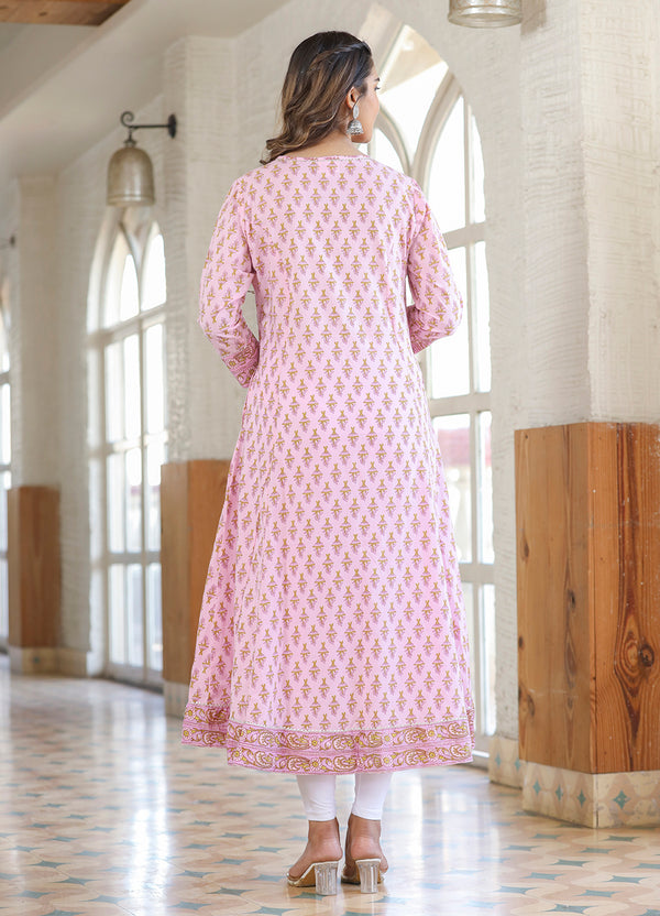 Kaajh Pink Cotton Printed A-line Kurta - Distacart