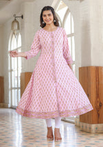 Thumbnail for Kaajh Pink Cotton Printed A-line Kurta - Distacart