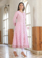 Thumbnail for Kaajh Pink Cotton Printed A-line Kurta - Distacart