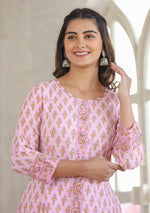 Thumbnail for Kaajh Pink Cotton Printed A-line Kurta - Distacart