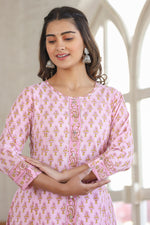 Thumbnail for Kaajh Pink Cotton Printed A-line Kurta - Distacart
