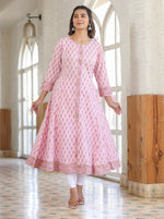 Thumbnail for Kaajh Pink Cotton Printed A-line Kurta - Distacart