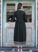 Thumbnail for Kaajh Women's Rayon Printed Dark Olive Green Side Slit Long Ethnic Dress - Distacart