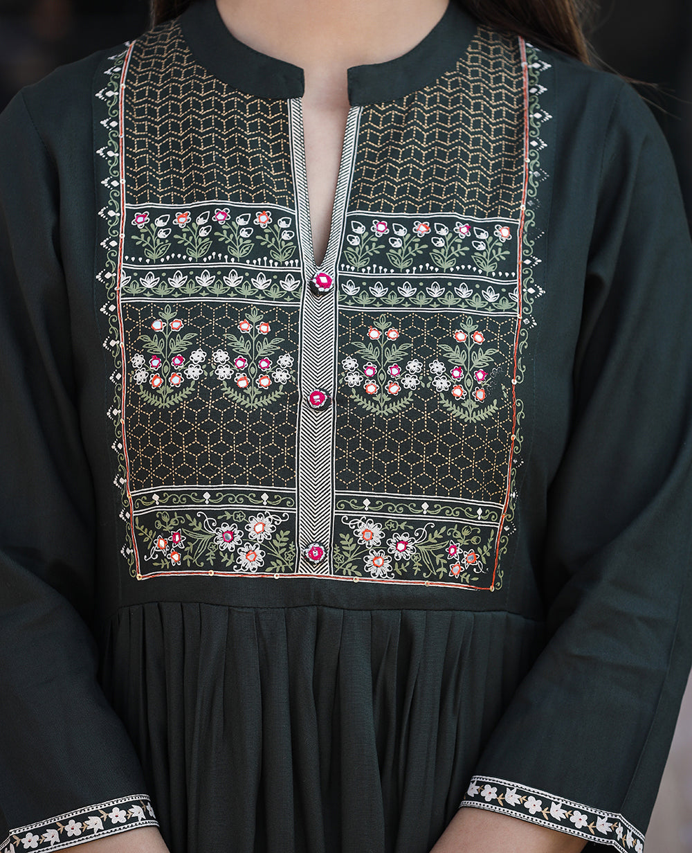 Kaajh Women's Rayon Printed Dark Olive Green Side Slit Long Ethnic Dress - Distacart