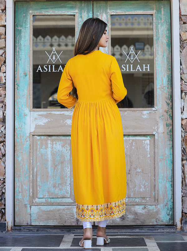 Kaajh Women's Rayon Printed Yellow Side Slit Long Ethnic Dress - Distacart