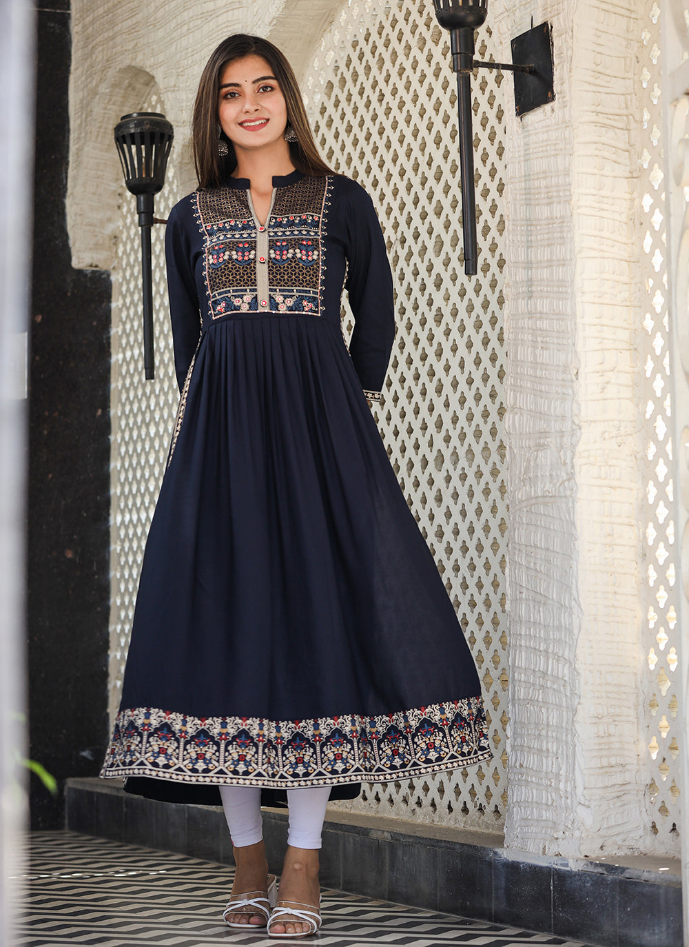 Kaajh Women's Rayon Printed Navy Blue Side Slit Long Ethnic Dress - Distacart