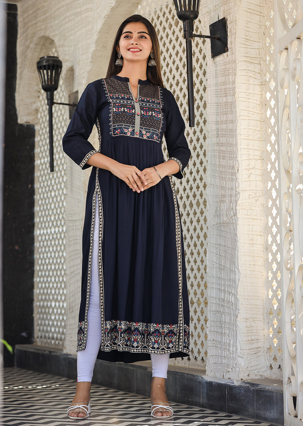 Kaajh Women's Rayon Printed Navy Blue Side Slit Long Ethnic Dress - Distacart