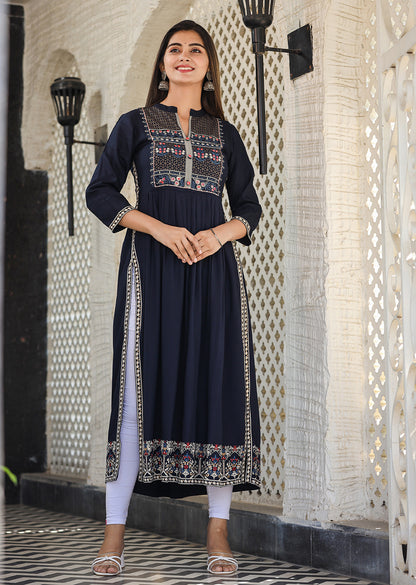 Kaajh Women's Rayon Printed Navy Blue Side Slit Long Ethnic Dress - Distacart