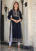 Thumbnail for Kaajh Women's Rayon Printed Navy Blue Side Slit Long Ethnic Dress - Distacart