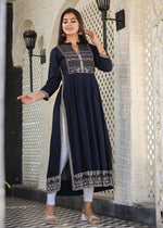 Thumbnail for Kaajh Women's Rayon Printed Navy Blue Side Slit Long Ethnic Dress - Distacart