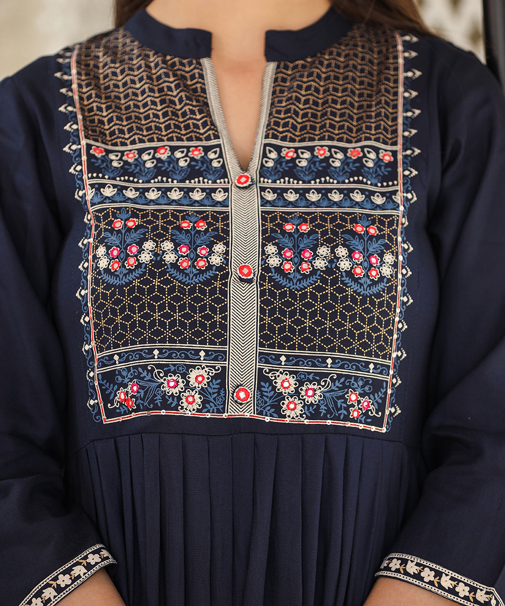 Kaajh Women's Rayon Printed Navy Blue Side Slit Long Ethnic Dress - Distacart