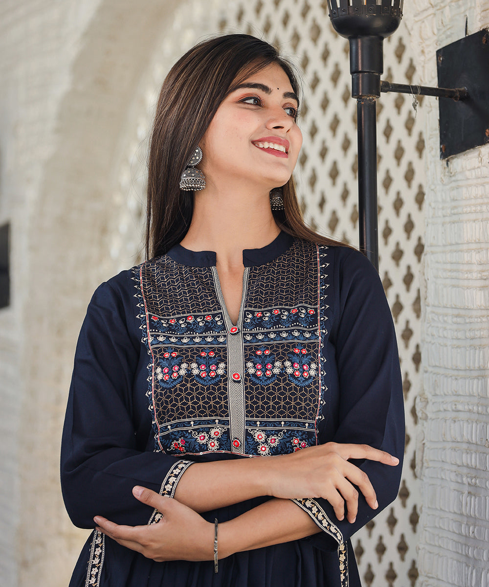 Kaajh Women's Rayon Printed Navy Blue Side Slit Long Ethnic Dress - Distacart