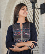 Thumbnail for Kaajh Women's Rayon Printed Navy Blue Side Slit Long Ethnic Dress - Distacart