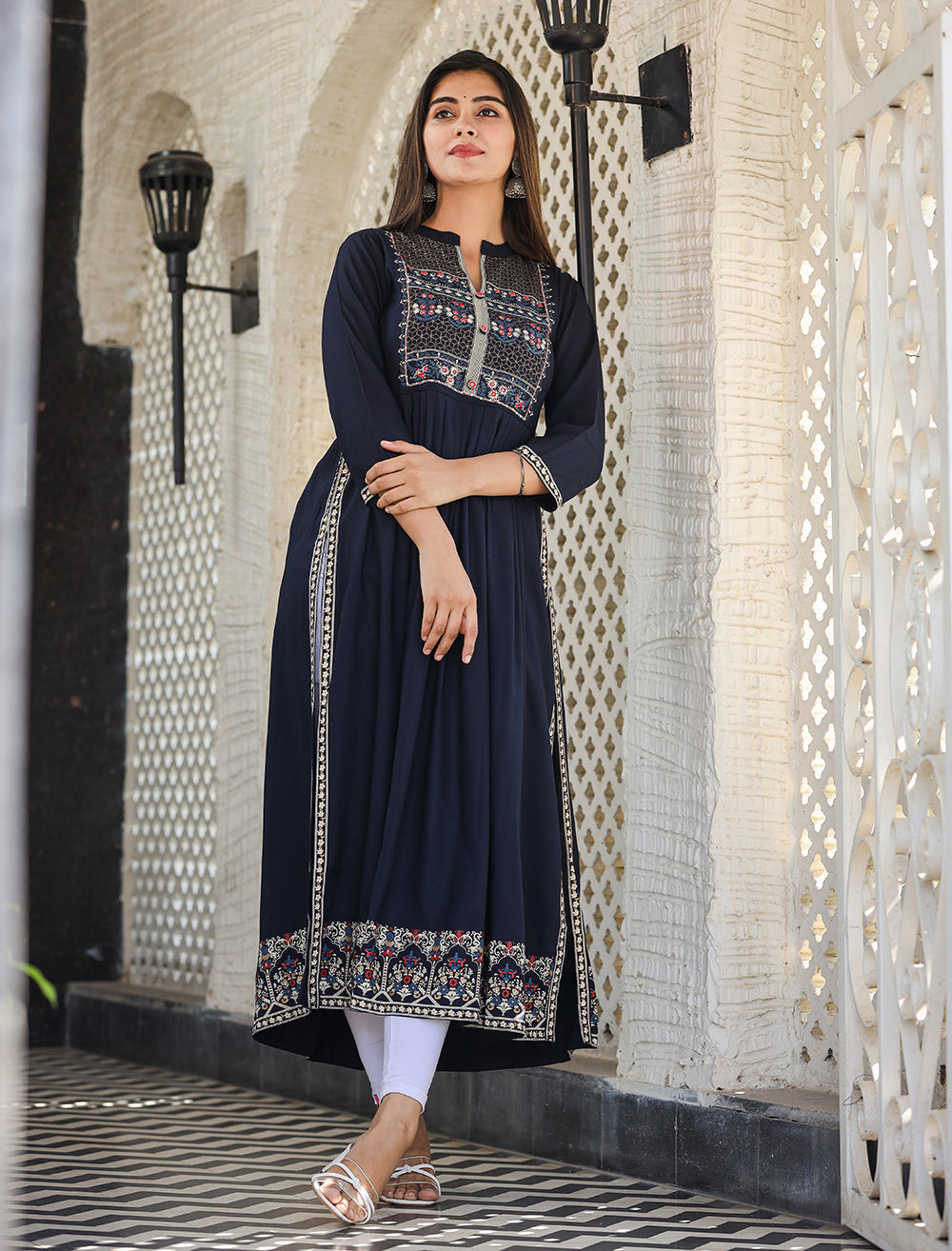 Kaajh Women's Rayon Printed Navy Blue Side Slit Long Ethnic Dress - Distacart