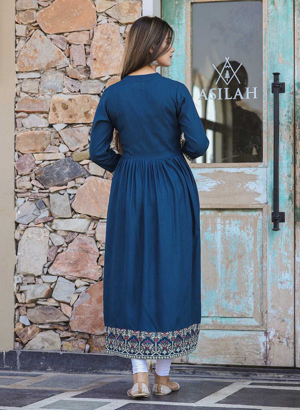 Kaajh Women's Rayon Printed Teal Side Slit Long Ethnic Dress - Distacart