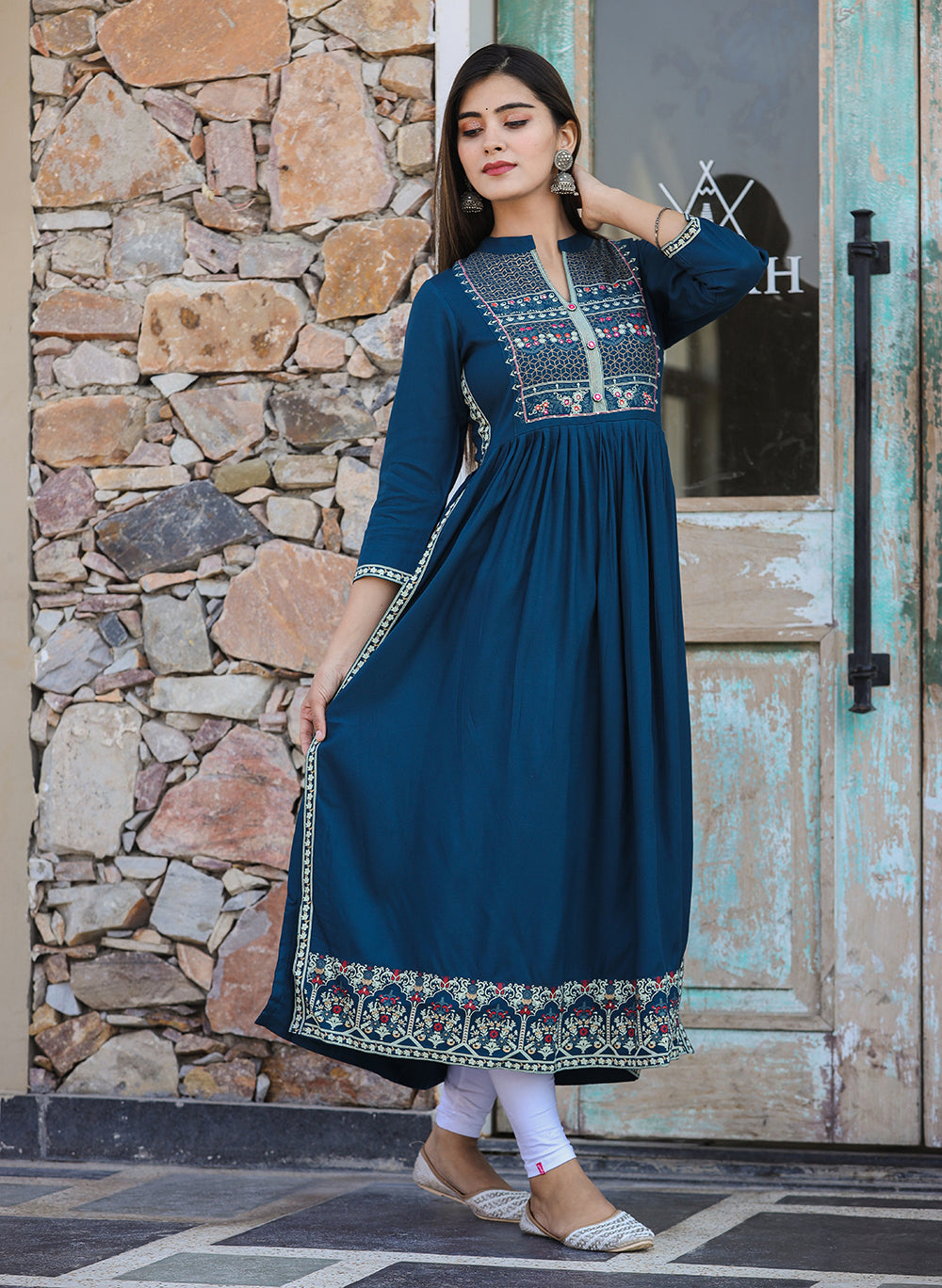 Kaajh Women's Rayon Printed Teal Side Slit Long Ethnic Dress - Distacart