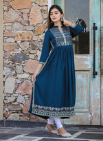 Thumbnail for Kaajh Women's Rayon Printed Teal Side Slit Long Ethnic Dress - Distacart