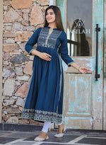 Thumbnail for Kaajh Women's Rayon Printed Teal Side Slit Long Ethnic Dress - Distacart