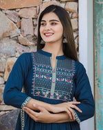 Thumbnail for Kaajh Women's Rayon Printed Teal Side Slit Long Ethnic Dress - Distacart