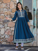 Thumbnail for Kaajh Women's Rayon Printed Teal Side Slit Long Ethnic Dress - Distacart