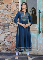 Thumbnail for Kaajh Women's Rayon Printed Teal Side Slit Long Ethnic Dress - Distacart