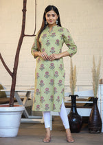 Thumbnail for Kaajh Woman's Green Floral Print Cotton Casual Kurta - Distacart