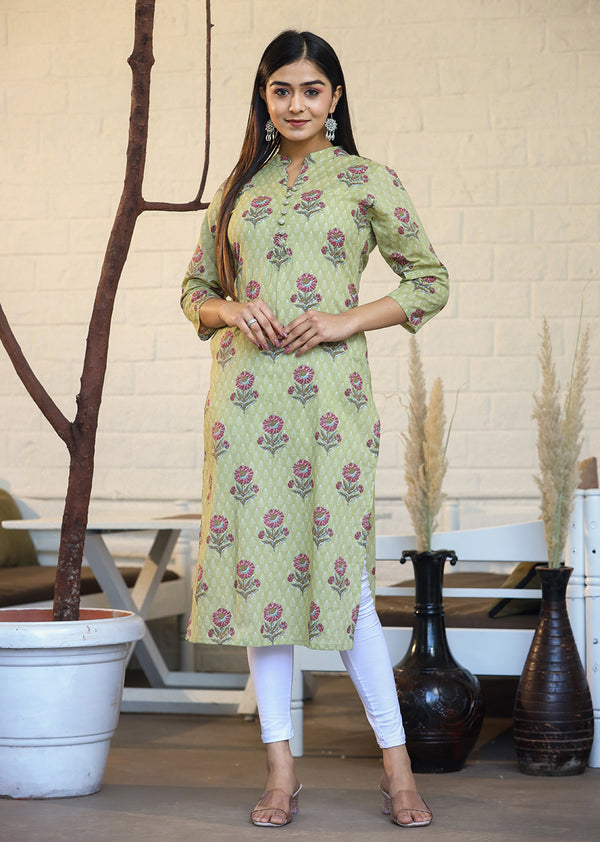 Kaajh Woman's Green Floral Print Cotton Casual Kurta - Distacart