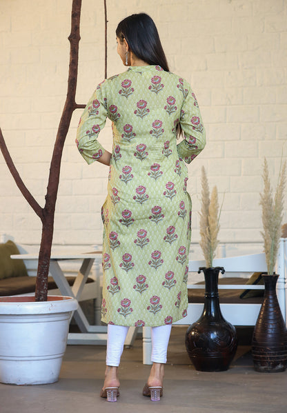 Kaajh Woman's Green Floral Print Cotton Casual Kurta - Distacart