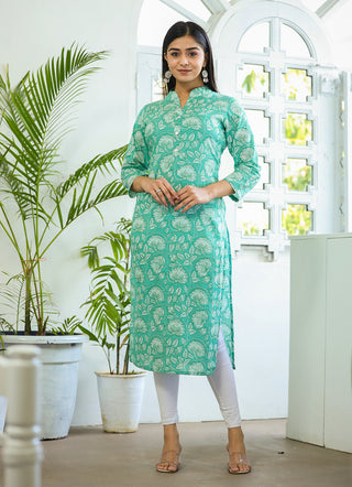 Kaajh Woman's Pastel Green Floral Print Cotton Casual Kurta - Distacart