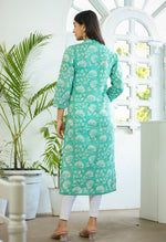 Thumbnail for Kaajh Woman's Pastel Green Floral Print Cotton Casual Kurta - Distacart