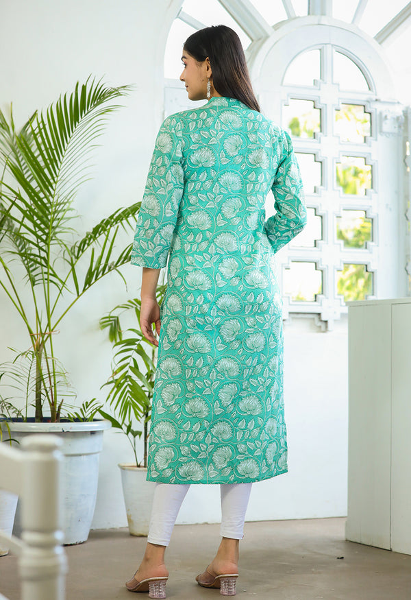 Kaajh Woman's Pastel Green Floral Print Cotton Casual Kurta - Distacart