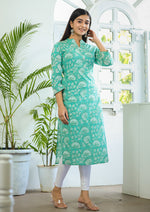 Thumbnail for Kaajh Woman's Pastel Green Floral Print Cotton Casual Kurta - Distacart