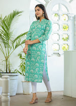 Thumbnail for Kaajh Woman's Pastel Green Floral Print Cotton Casual Kurta - Distacart