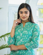 Thumbnail for Kaajh Woman's Pastel Green Floral Print Cotton Casual Kurta - Distacart