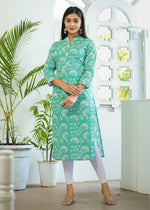 Thumbnail for Kaajh Woman's Pastel Green Floral Print Cotton Casual Kurta - Distacart