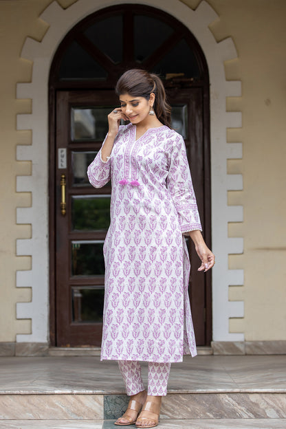 Kaajh Women's White Purple Ethnic Printed Cotton Kurta Pant Set - Distacart