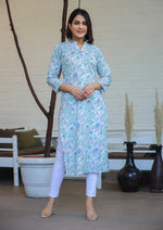 Thumbnail for Kaajh Woman's Sky Blue Floral Print Cotton Casual Kurta - Distacart