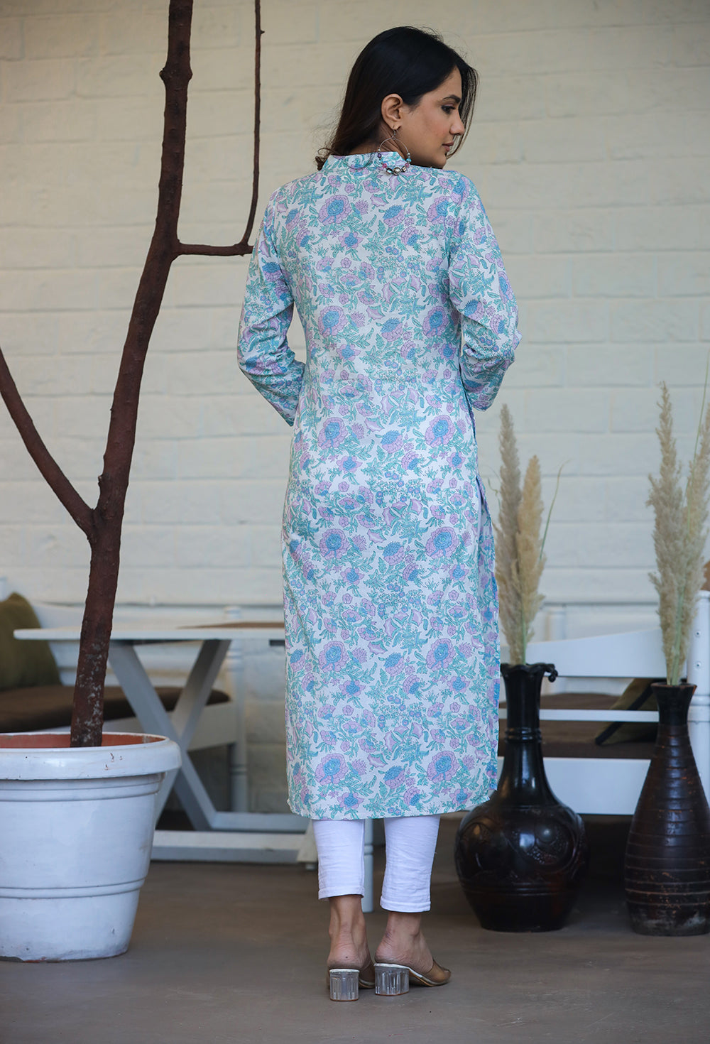 Kaajh Woman's Sky Blue Floral Print Cotton Casual Kurta - Distacart