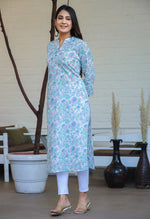Thumbnail for Kaajh Woman's Sky Blue Floral Print Cotton Casual Kurta - Distacart