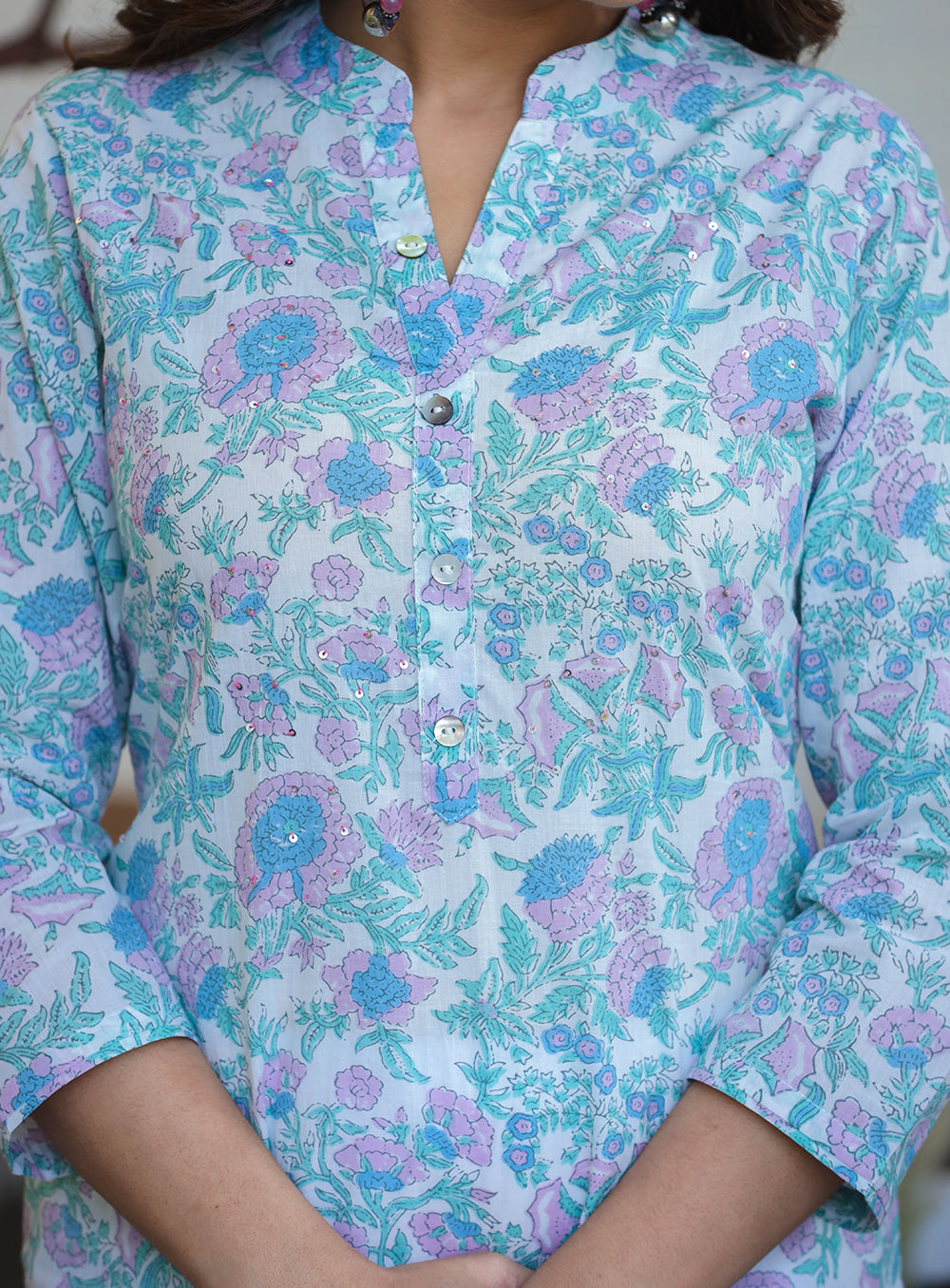 Kaajh Woman's Sky Blue Floral Print Cotton Casual Kurta - Distacart